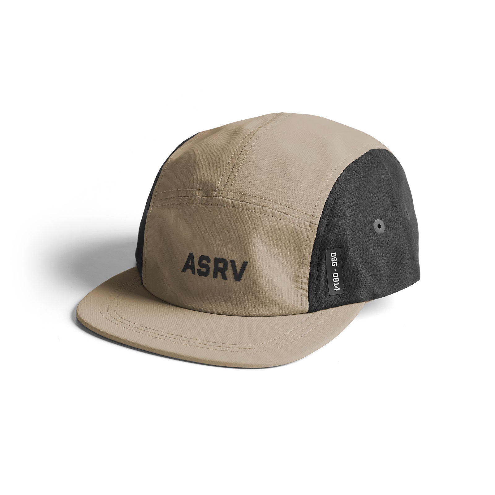 ASRV 0814 5-Panel Run Cap in khaki and black, angled product view