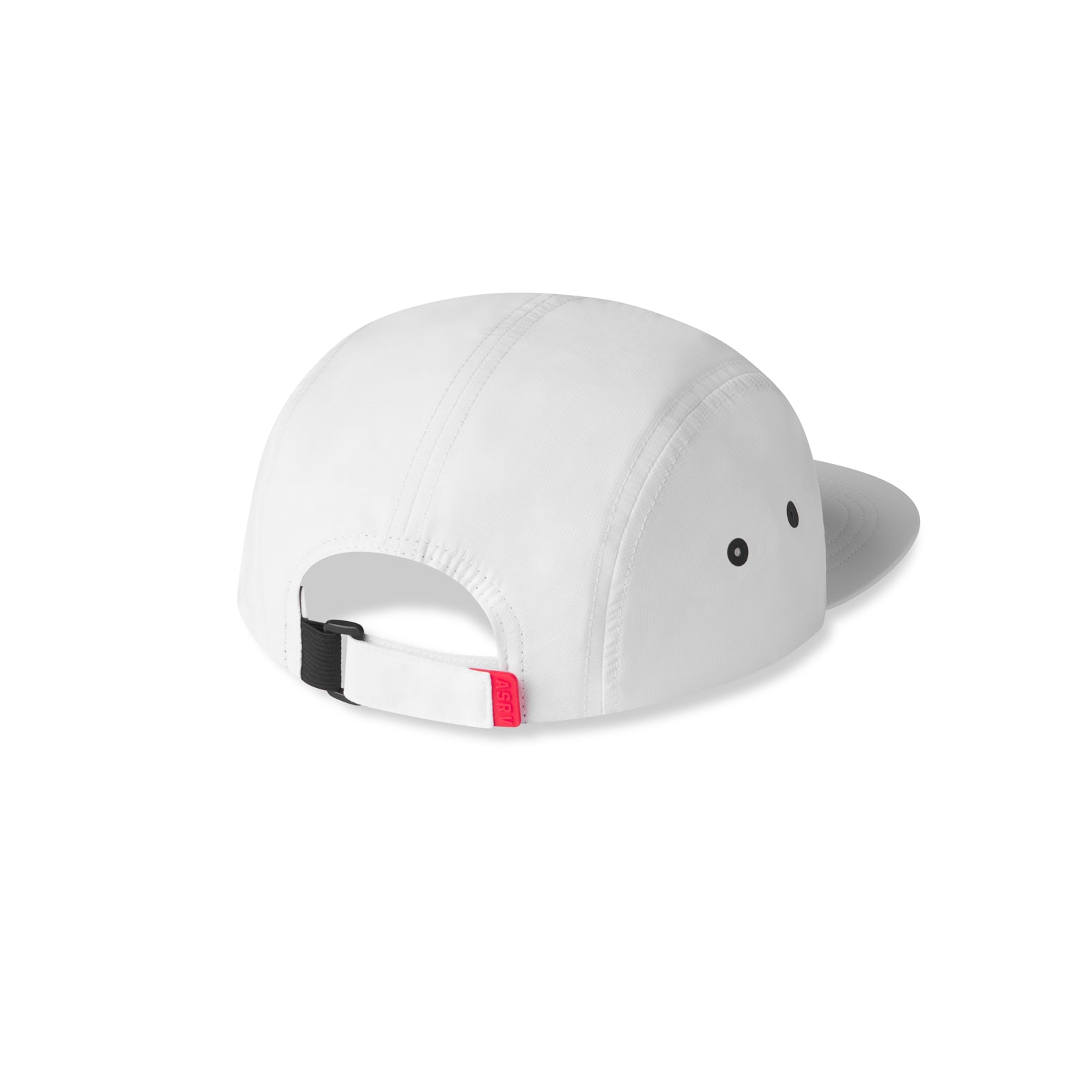 flatlay of white 5-panel run cap shown from back view with adjustable strap