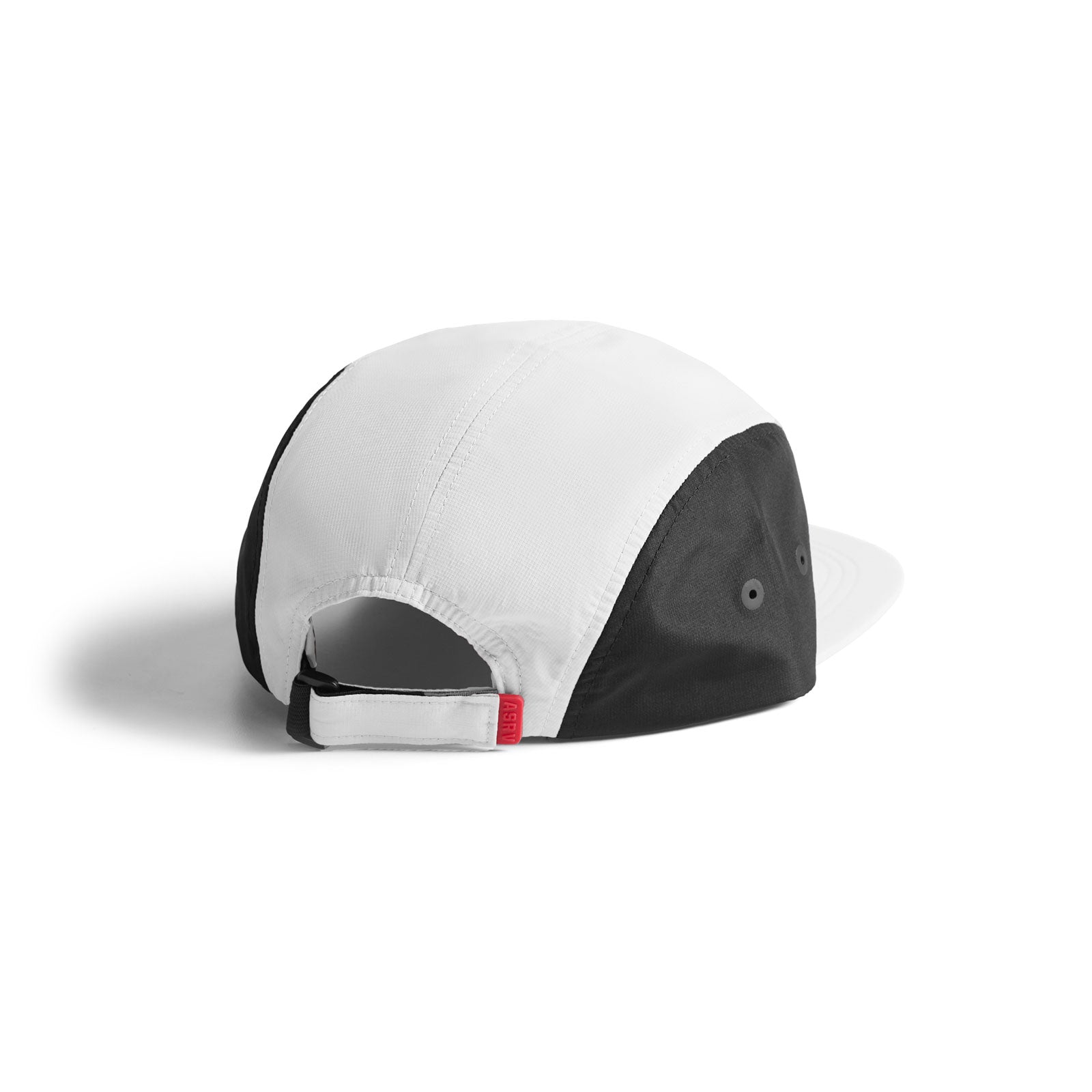 flatlay 0814 5-Panel Run Cap in white and black, back view