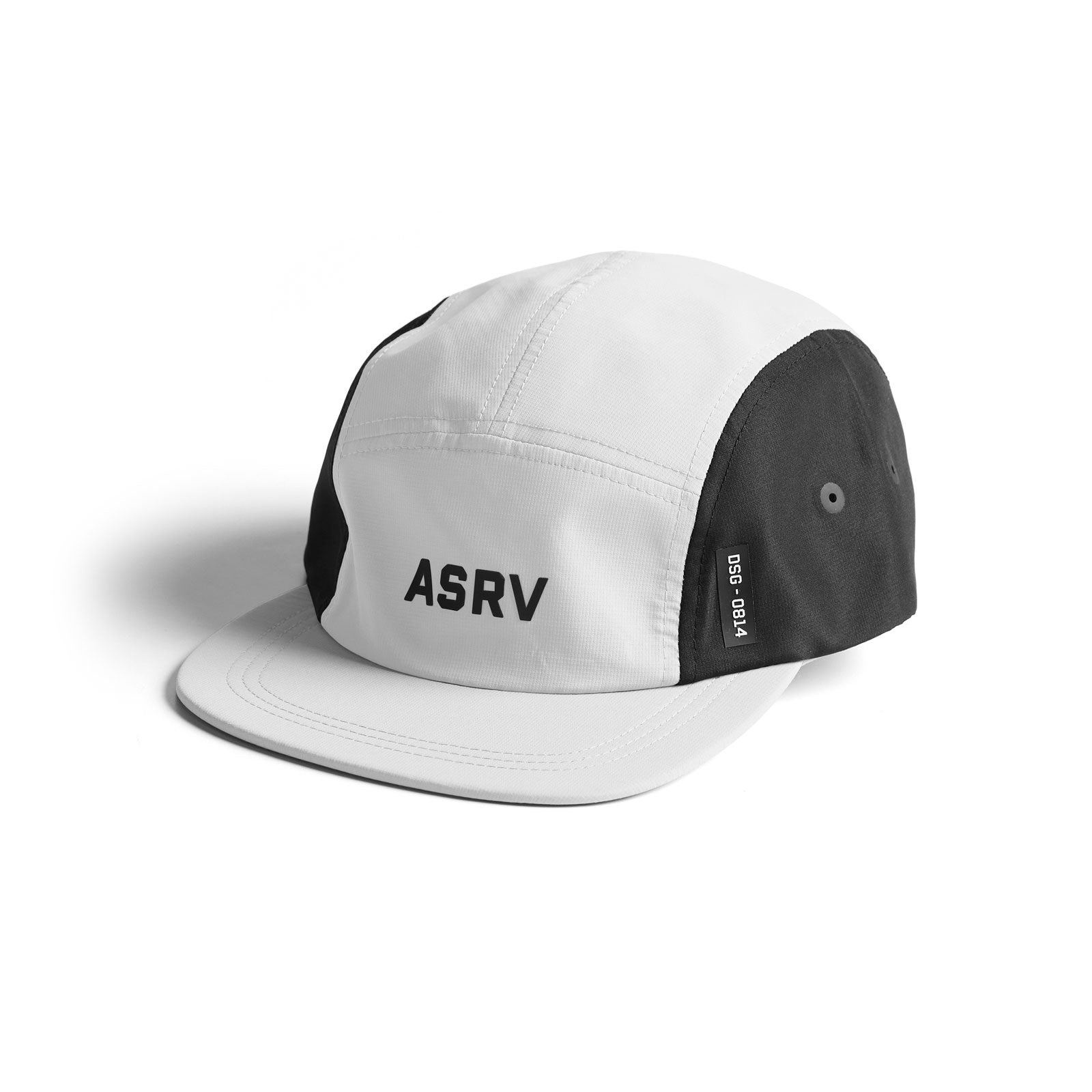 flatlay ASRV 0814 5-Panel Run Cap in white and black, angled side view