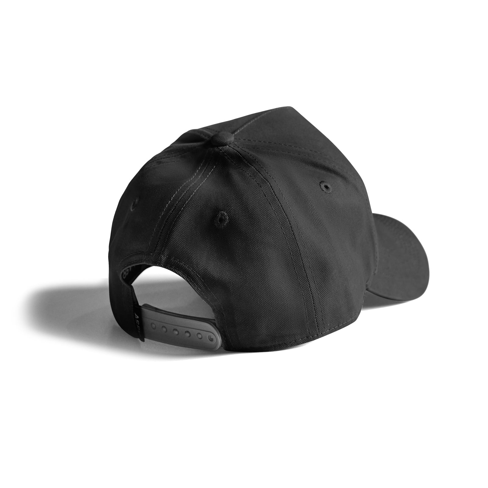Flatlay of black A-Frame Hat with Wings logo, back view showing snapback closure