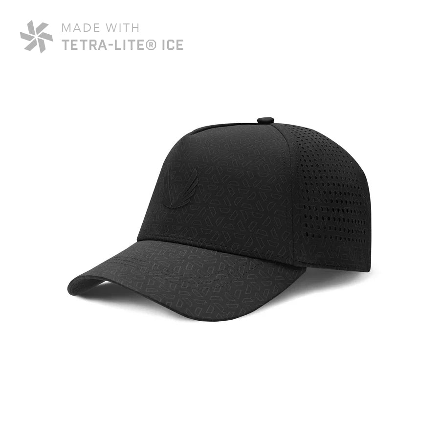 Flatlay of Tetra-Lite® Ice A-Frame Hat in black with perforated side panel, angled view