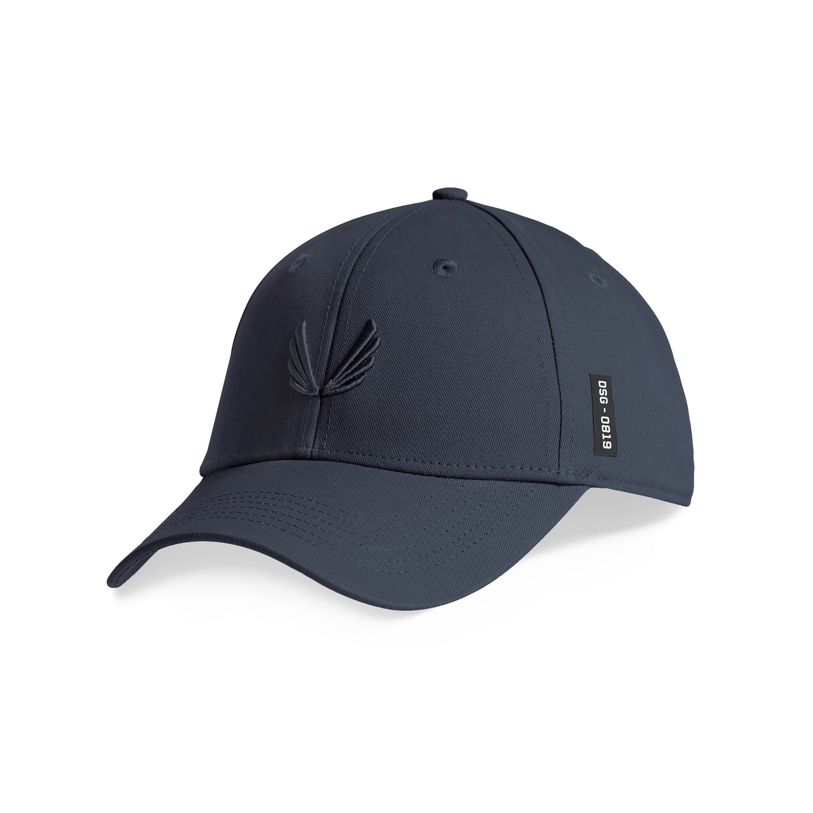 flatlay 0819 Sport Cap in navy with wings logo, angled front view