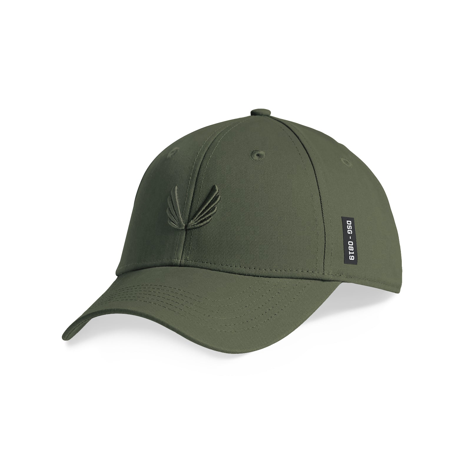 flatlay 0819 Sport Cap in olive with wings logo, three-quarter view