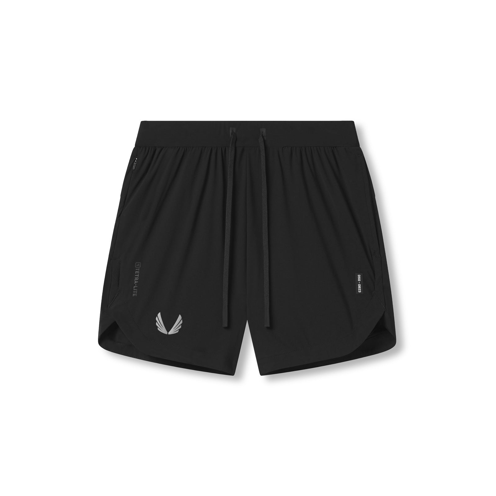 Flatlay of ASRV Tetra-Lite 7" Linerless Short in black with white wings logo, front view