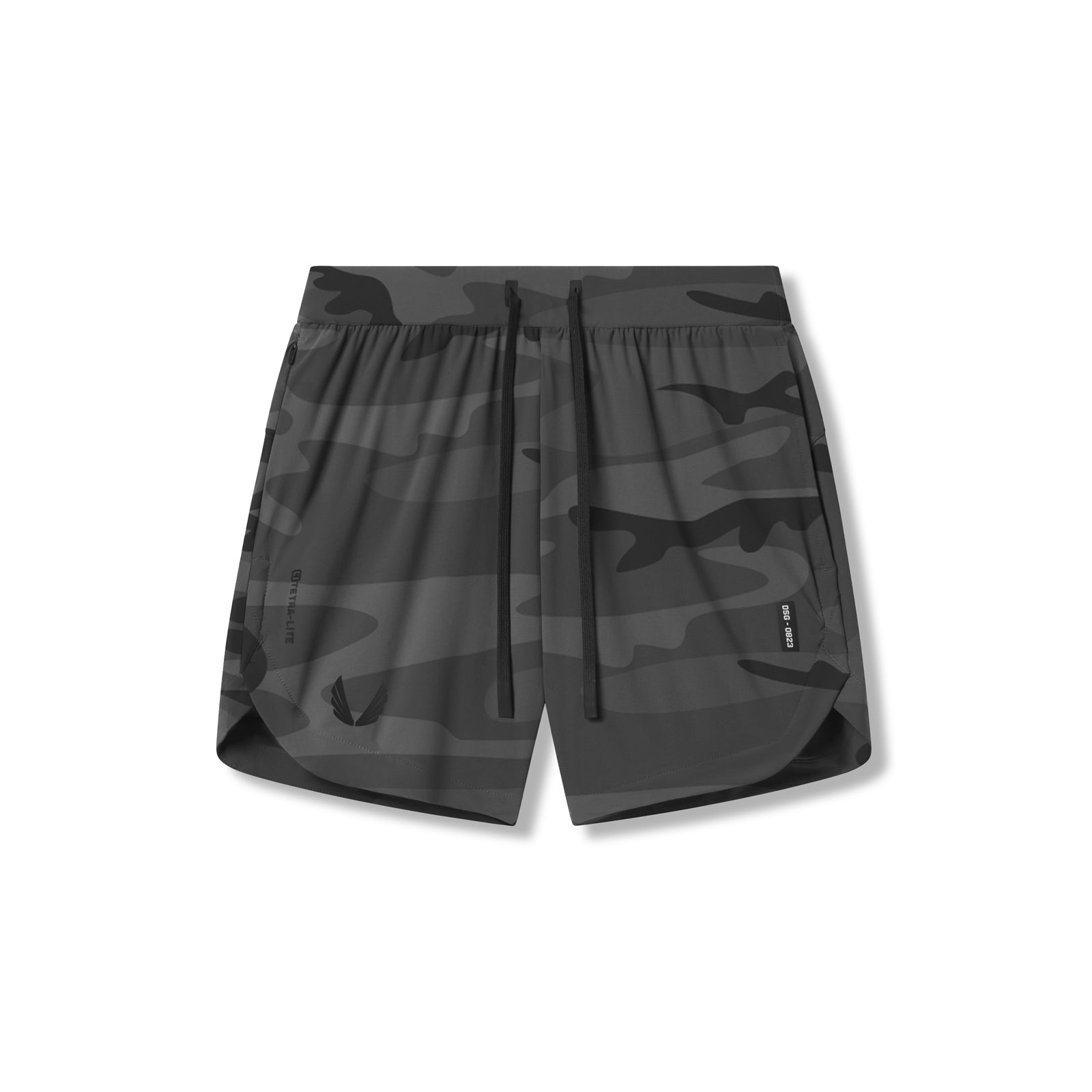 flatlay Tetra-Lite 7" Linerless Shorts in black camo wings, front view