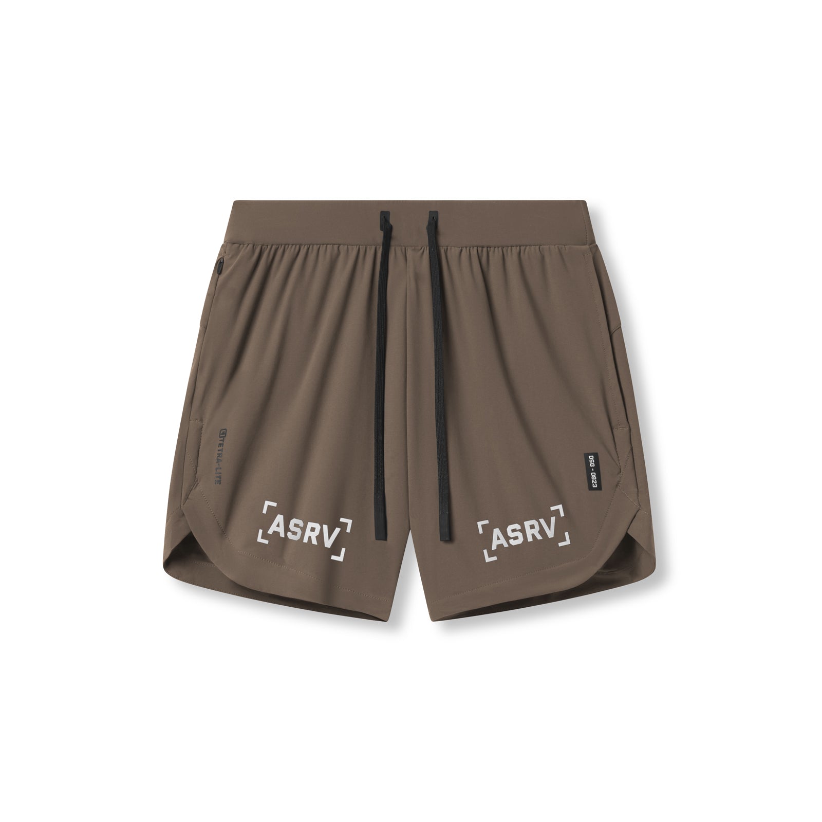 Flatlay of ASRV Tetra-Lite 7" Linerless Shorts in deep taupe with 'Bracket' logo, front view
