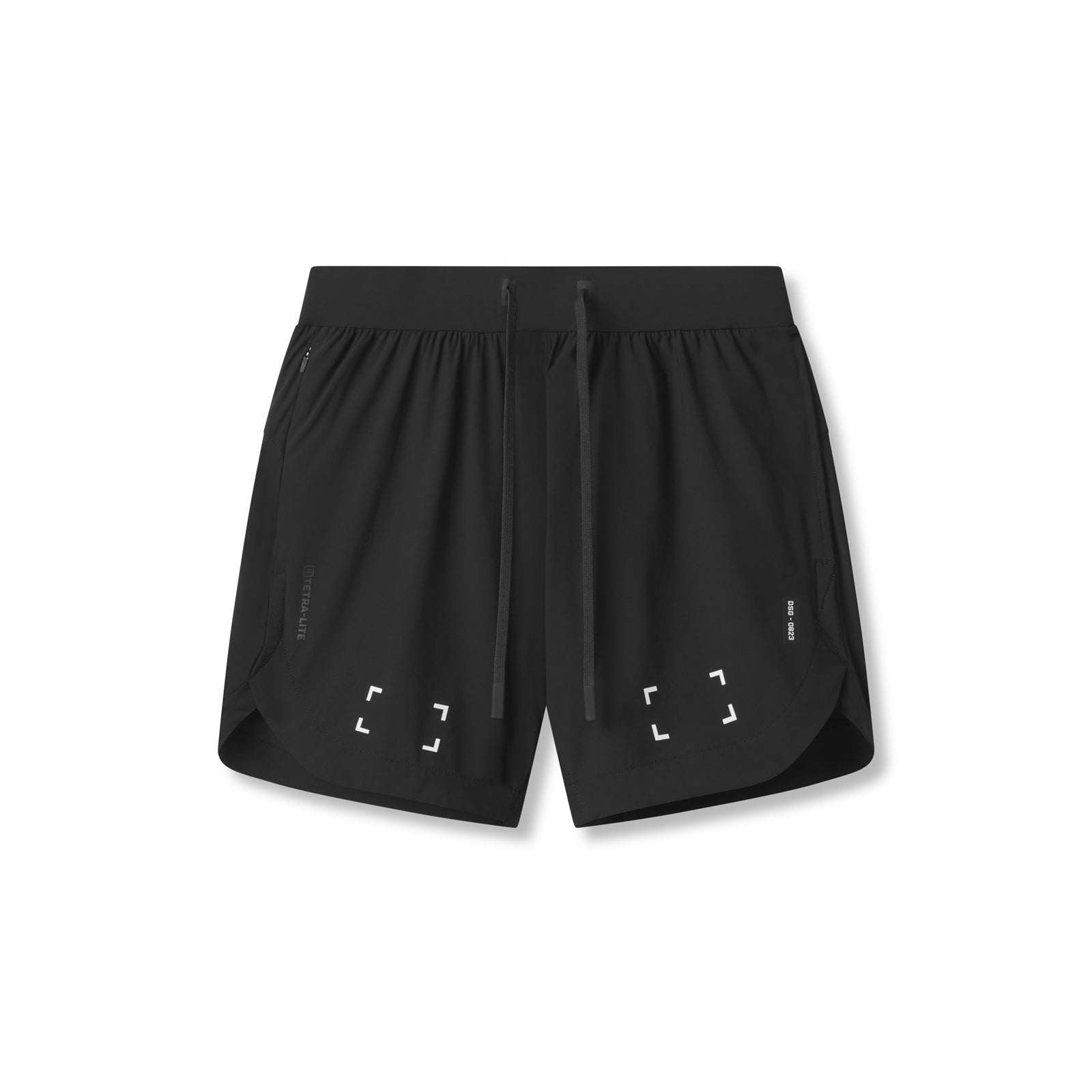 Flatlay of black Tetra-Lite 7" Linerless Shorts with white space bracket detailing, front view