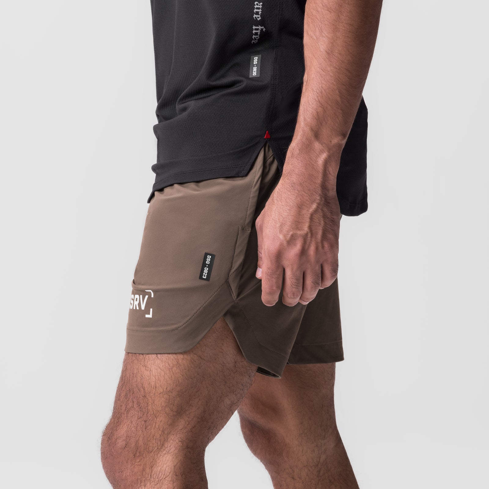 Tetra-Lite 7" Linerless Short in deep taupe, worn by model, side view