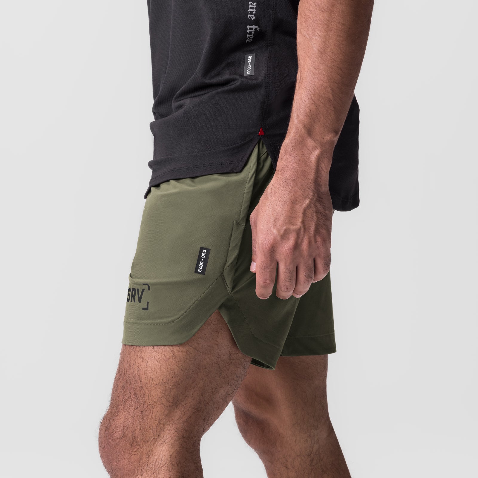 Tetra-Lite 7" Linerless Short in olive, worn by model, side view