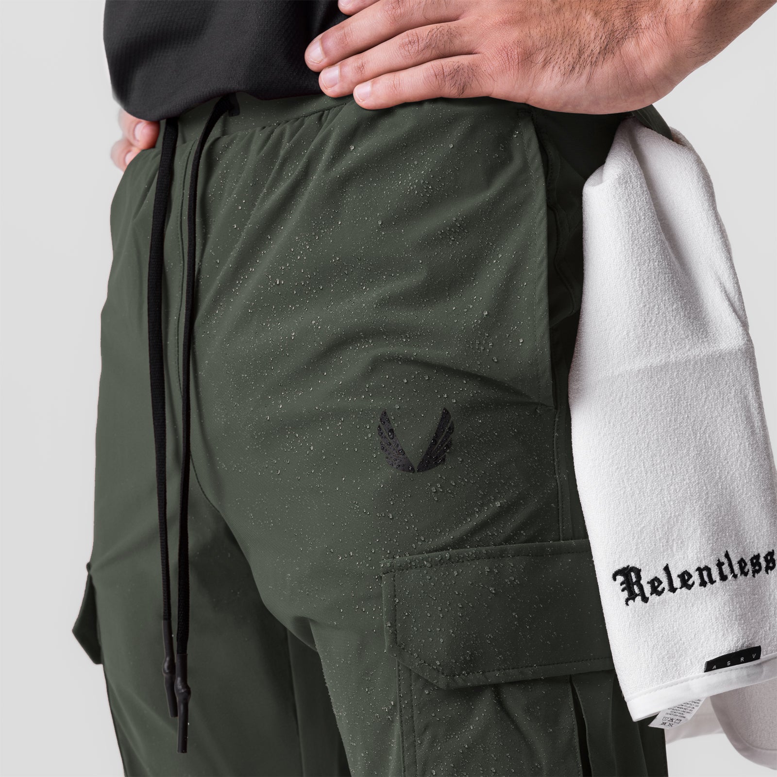 Tetra-Lite® Cargo High Rib Jogger in olive, worn by model showing side detail