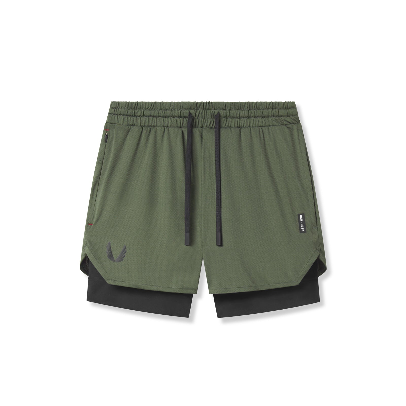 Flatlay of Silver-Lite 5" Liner Shorts in olive and black, front view