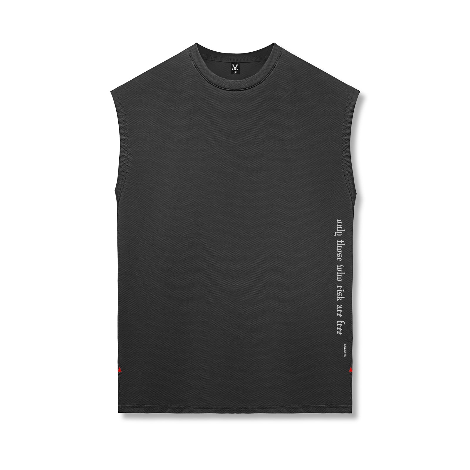 Flatlay of Silver-Lite™ 2.0 Oversized Cutoff sleeveless tank in black with vertical text graphic, front view