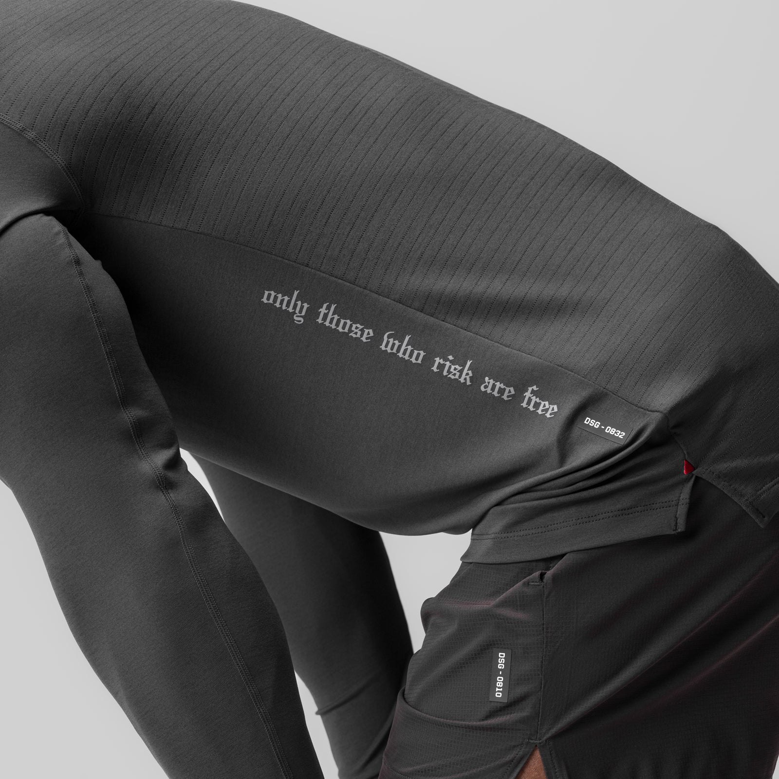 3D-Lite 2.0 fitted long sleeve in space grey worn by model, showing ribbed fabric and text detail
