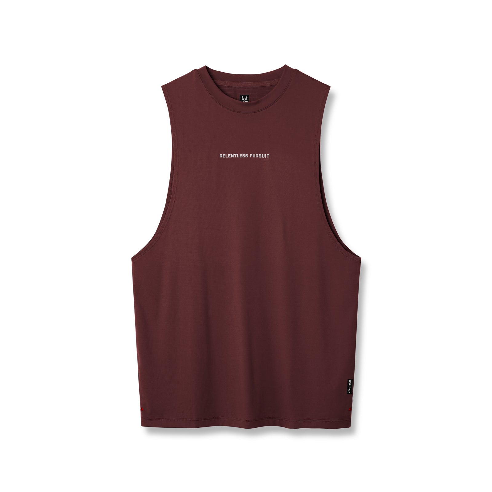 flatlay 3D-Lite® 2.0 Lycra® Muscle Tank in crimson with 'Relentless Pursuit' text, front view