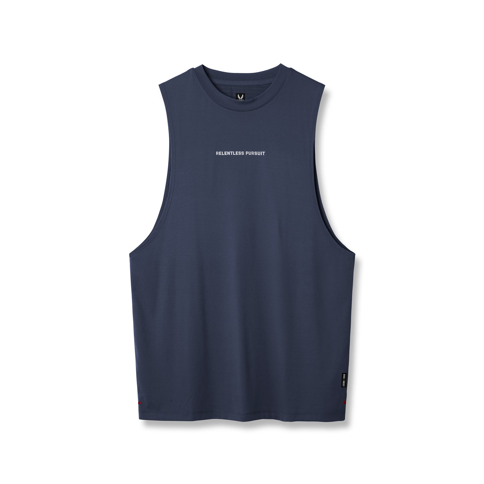 Flatlay of 0837. 3D-Lite® 2.0 Lycra® Muscle Tank in navy with 'Relentless Pursuit' text, front view