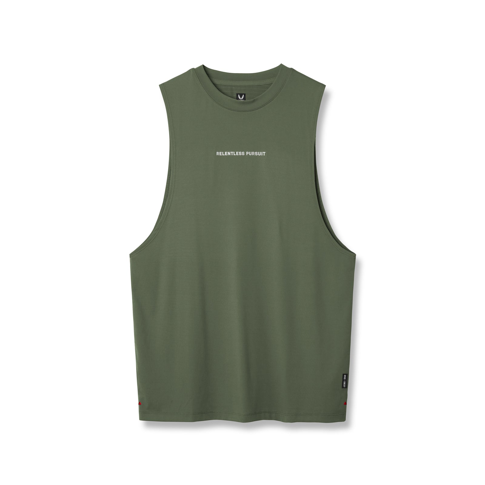 flatlay of 0837 3D-Lite Lycra muscle tank in olive with 'Relentless Pursuit' text, front view