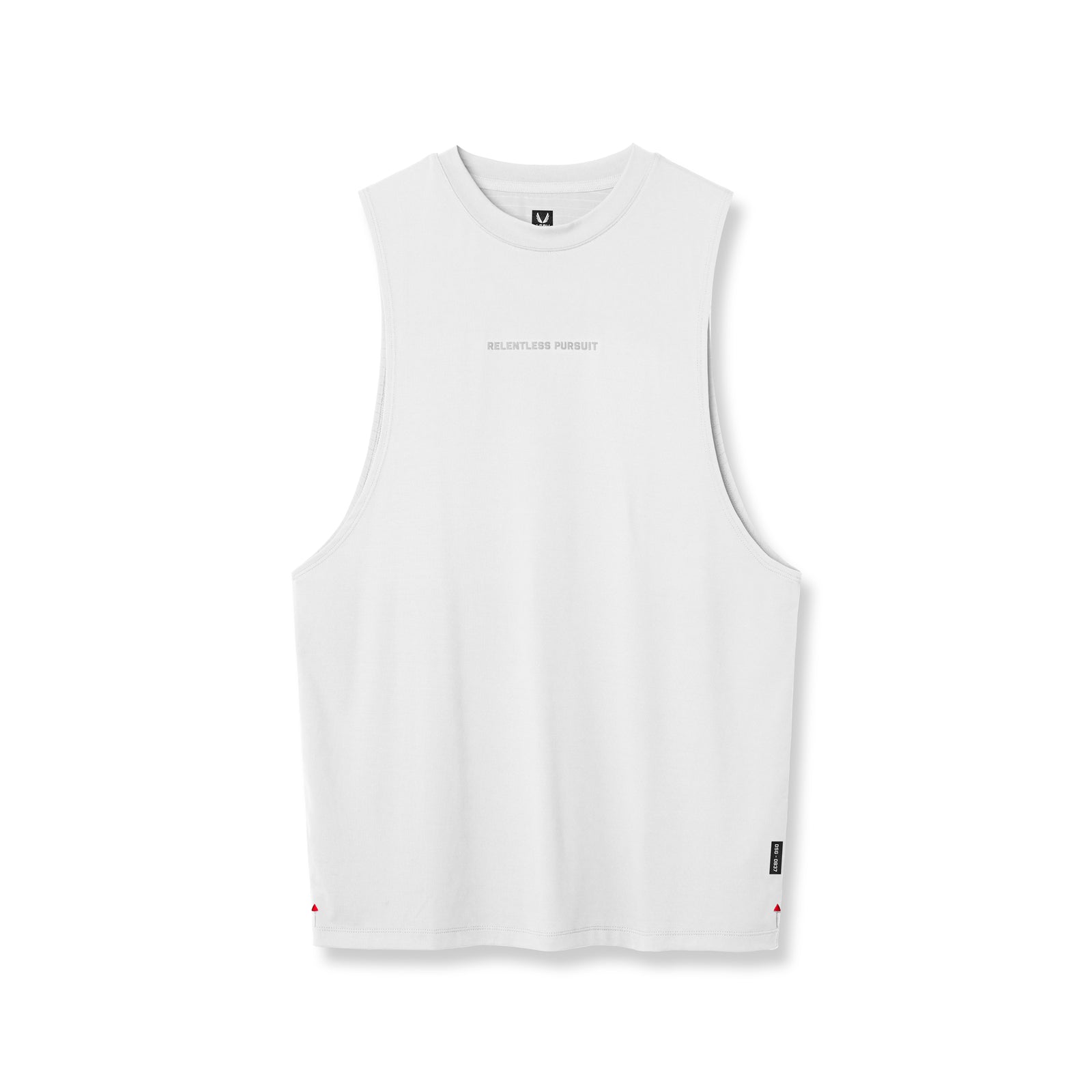 Flatlay of white 3D-Lite Lycra muscle tank with 'Relentless Pursuit' text, front view