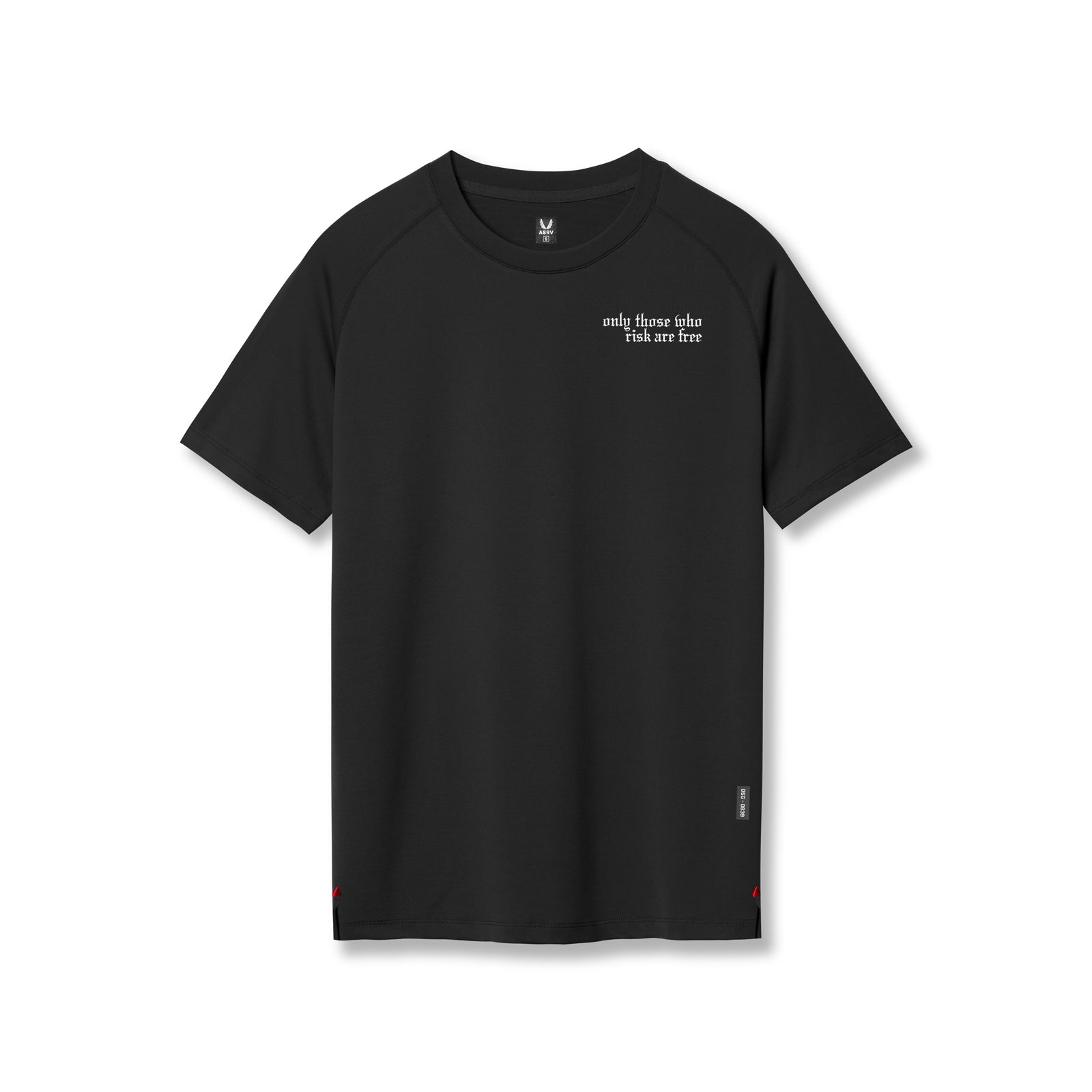 flatlay 3D-Lite® 2.0 Lycra® Fitted Tee in black with 'only those who risk are free' text, front view
