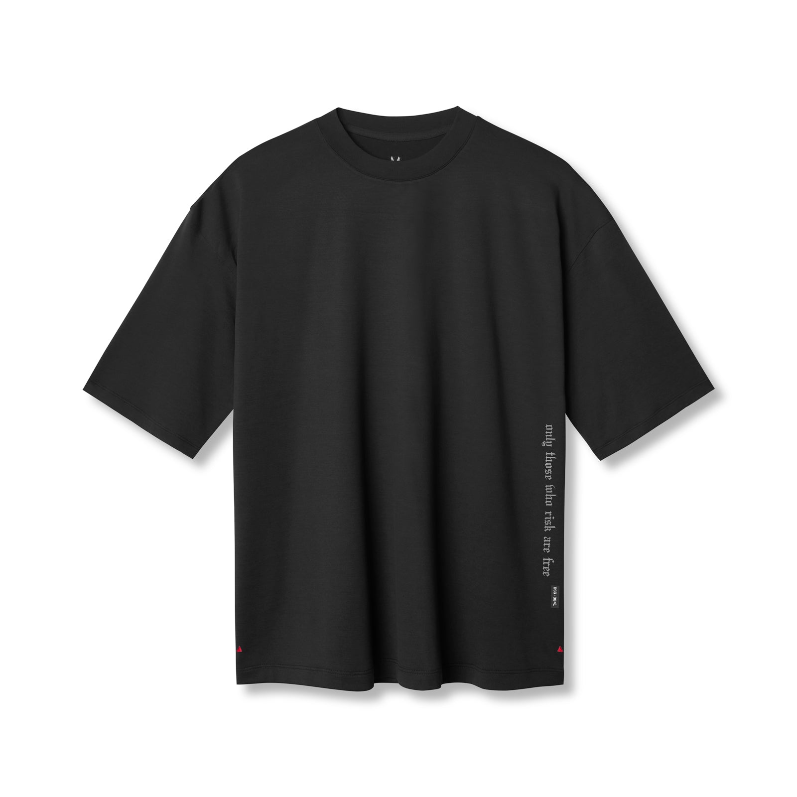 Flatlay of black oversized tee with 3/4 sleeves and side text detail