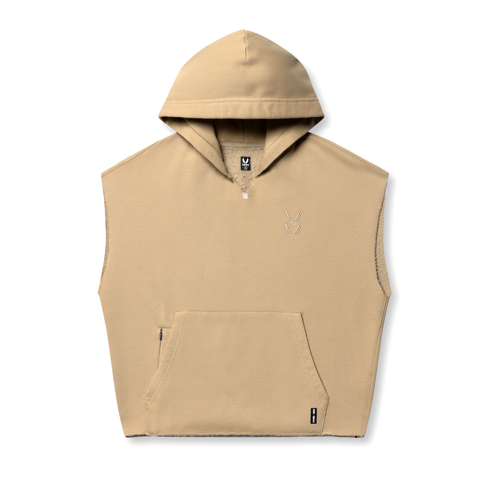 flatlay Tech Essential Raw Hem Cutoff Hoodie in khaki, front view