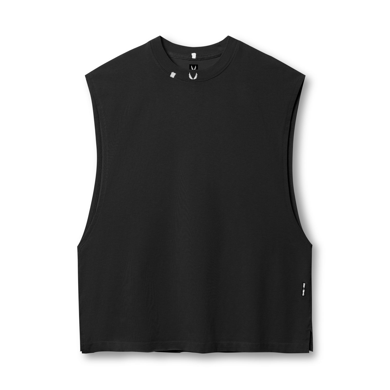 flatlay Tech Essential Rocker Cutoff sleeveless tank in black, front view