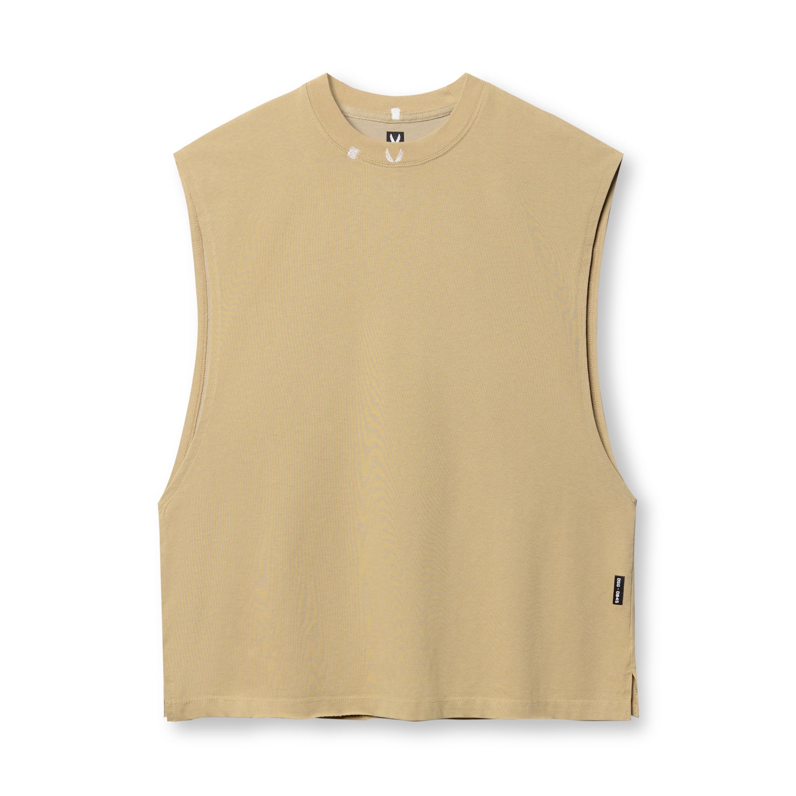 flatlay of Tech Essential Rocker Cutoff sleeveless tank in khaki, front view
