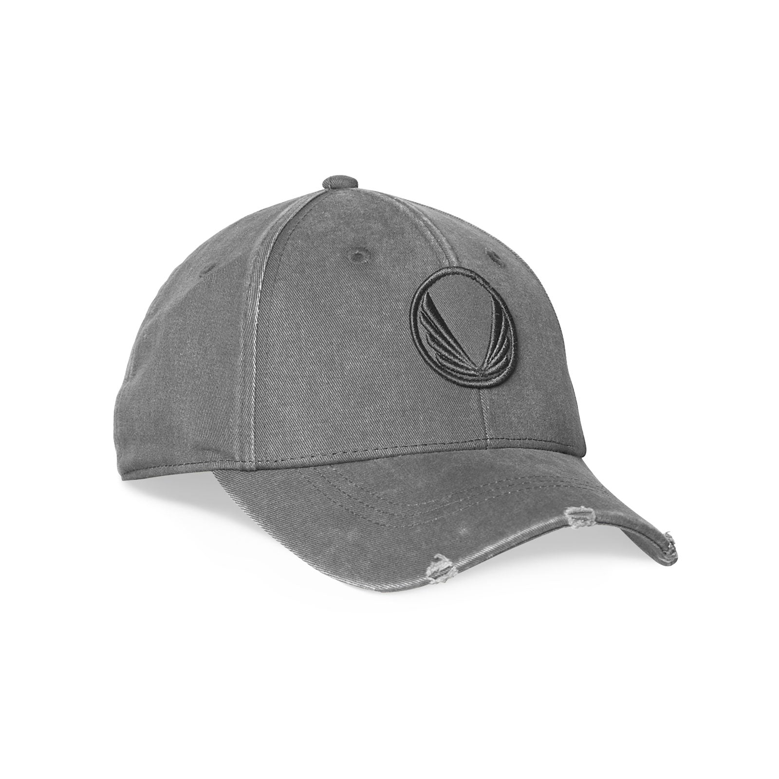 flatlay Distressed Patch Logo Hat in grey with wings emblem, angled front view