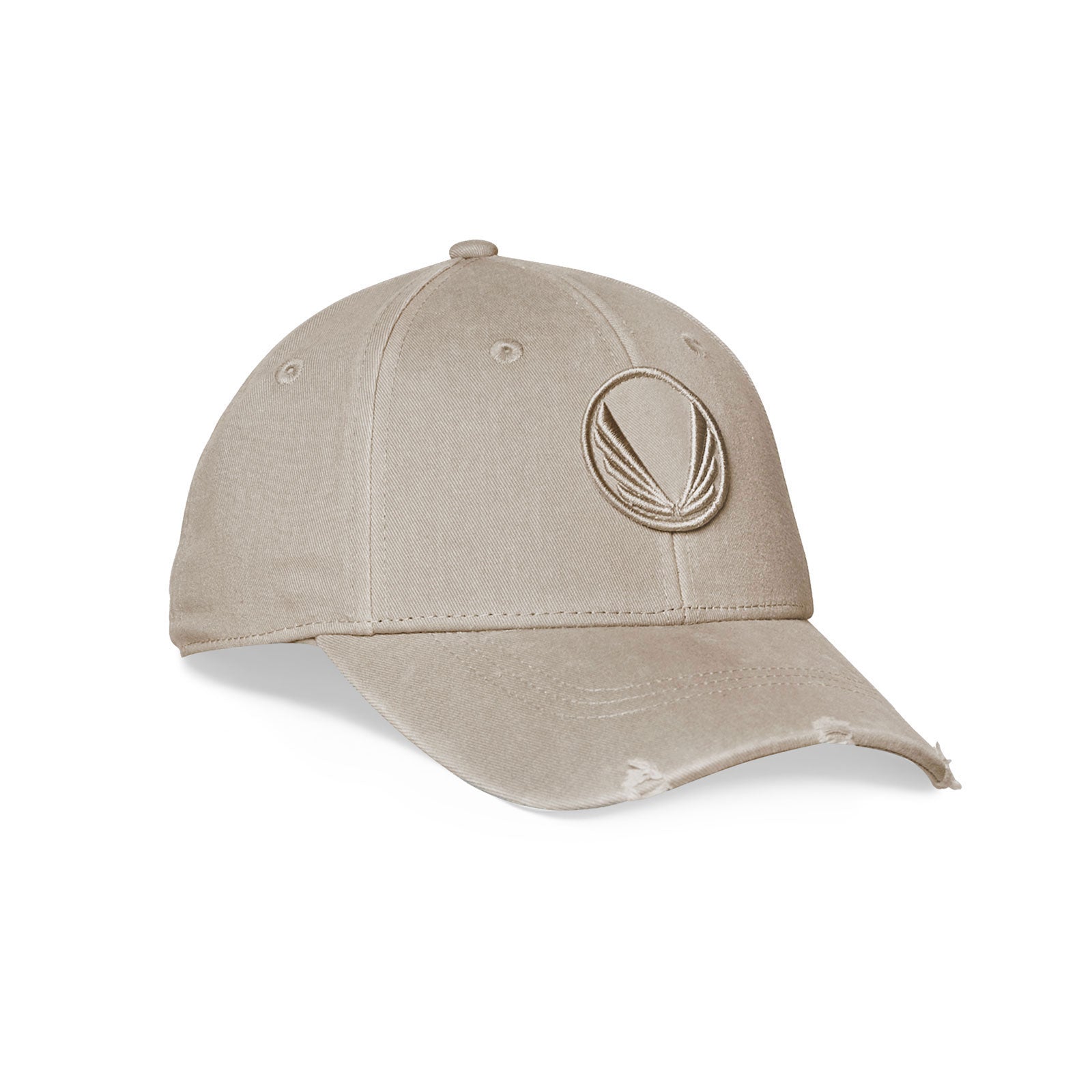 Flatlay of distressed patch logo hat in light taupe with wings emblem, front view