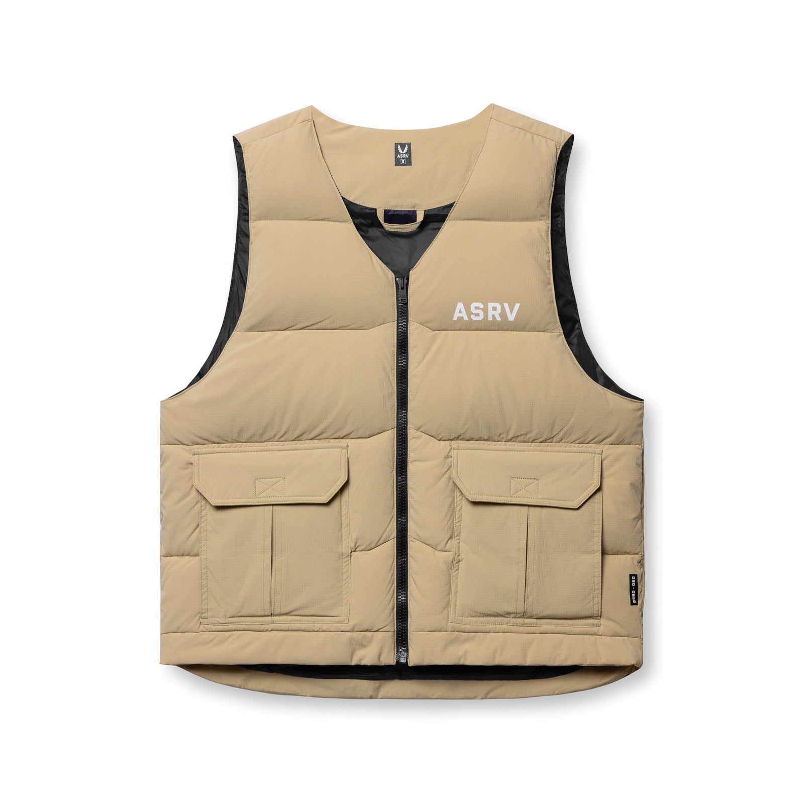 flatlay of ASRV Ripstop Insulated Puffer Gilet in khaki with black trim, front view