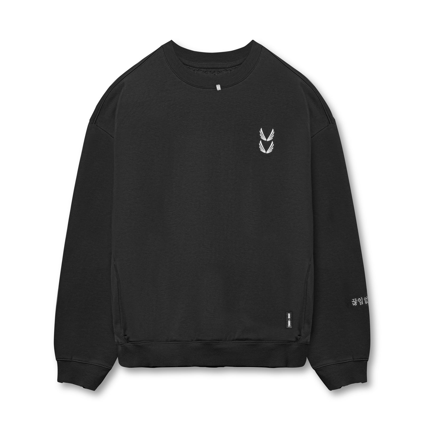 flatlay Tech Essential™ Distressed Crewneck in black, front view