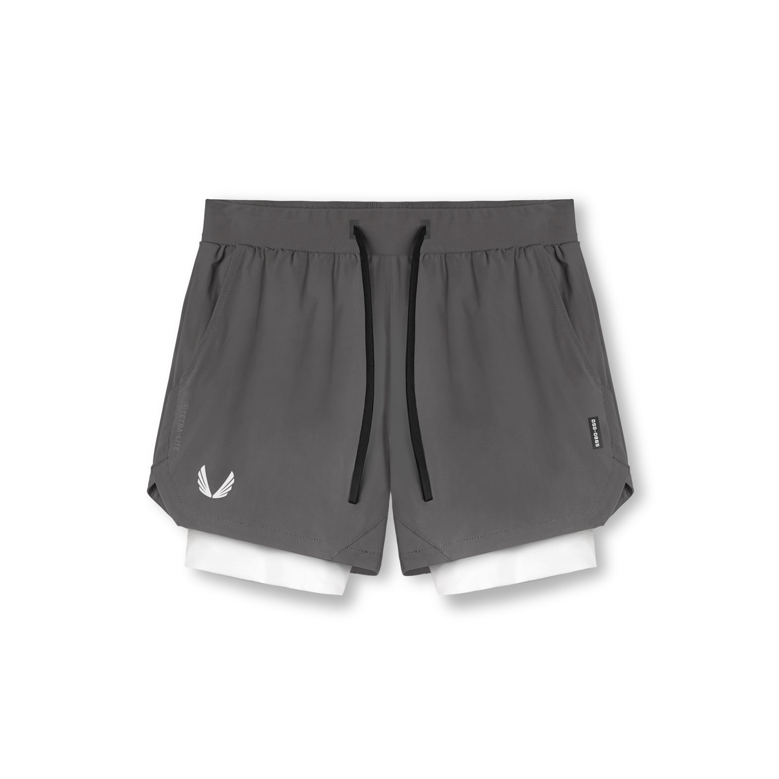 Flatlay of Tetra-Lite 5" Liner Shorts in space grey with white liner and white wings logo, top view