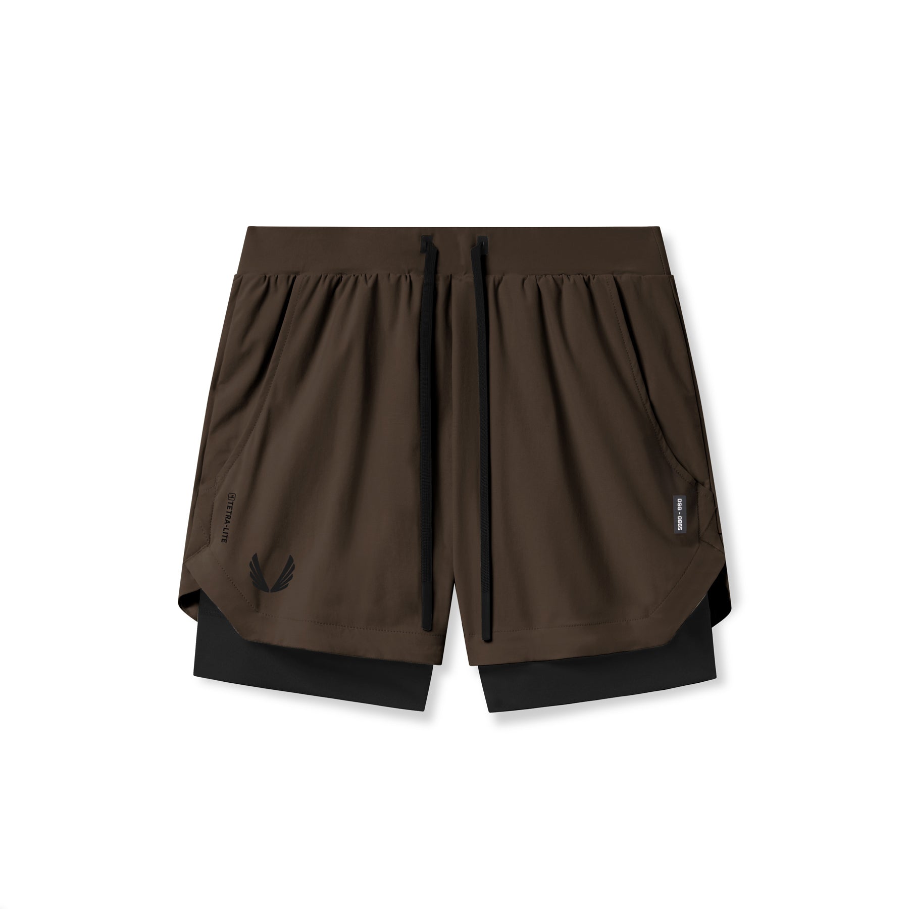 Flatlay of Tetra-Lite 5" Liner Shorts in Dark Earth and Black, front view