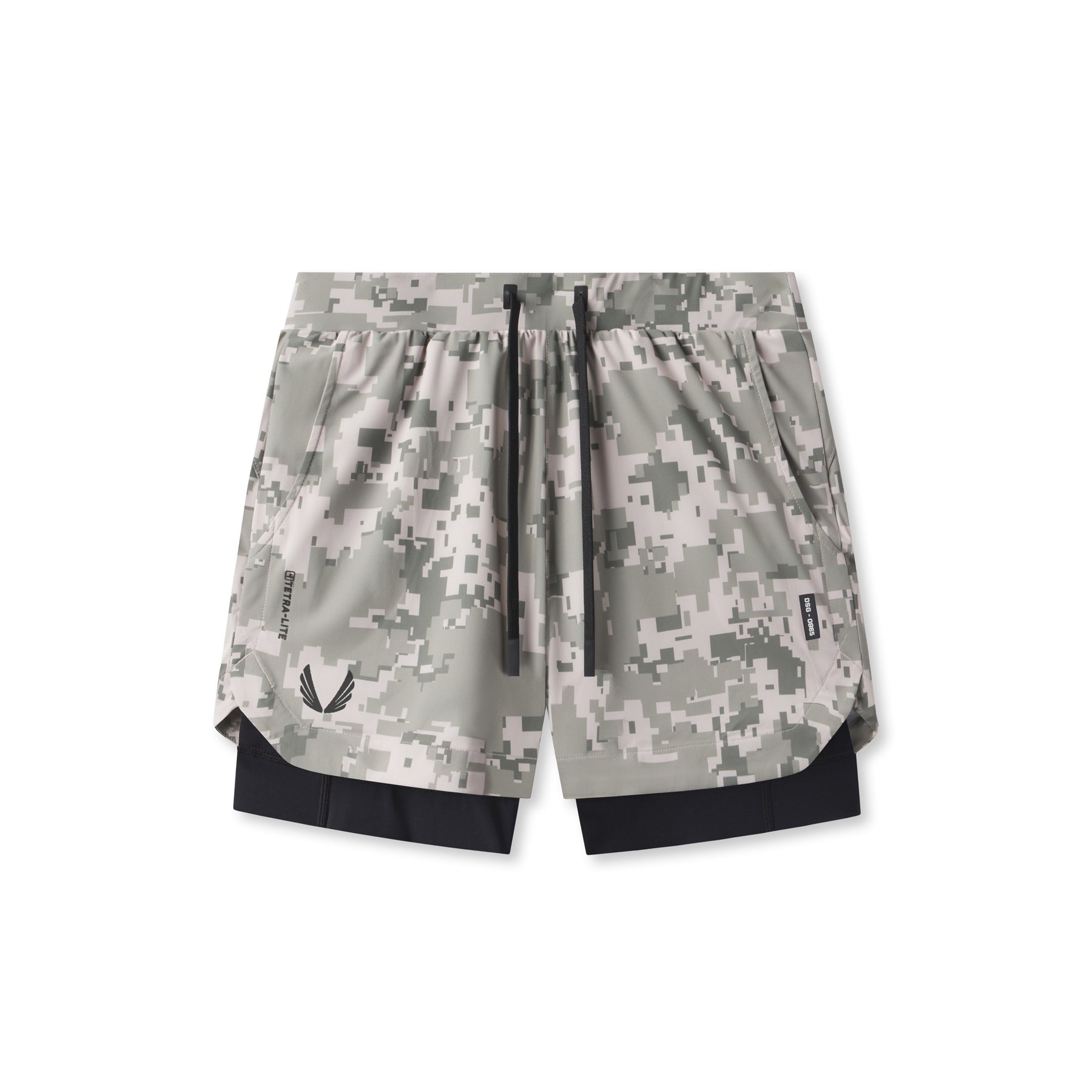 flatlay Tetra-Lite 5" Liner Short in digital camo grey and black, top view