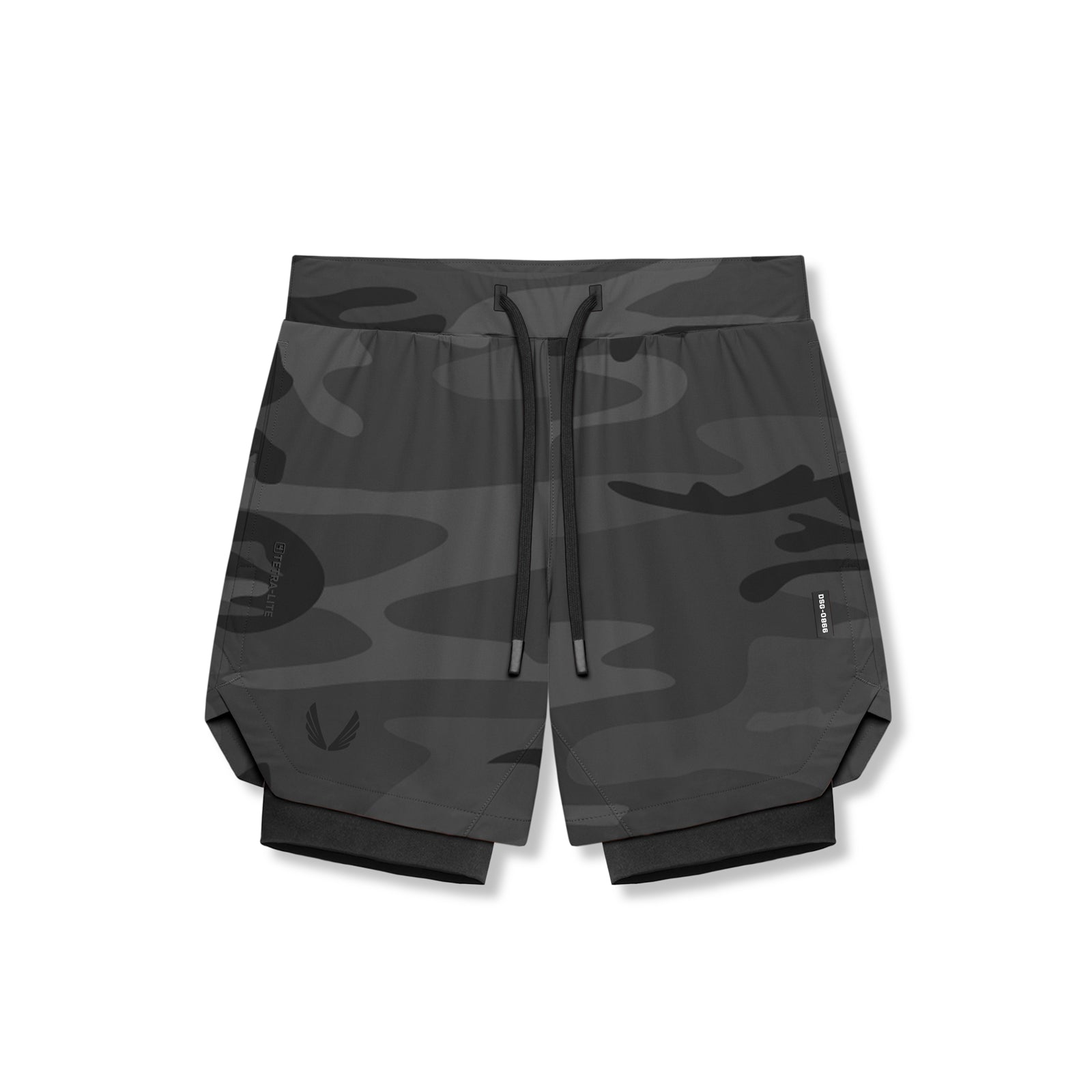 Flatlay of Tetra-Lite 7" Liner Shorts in black camo wings pattern with black liner, front view
