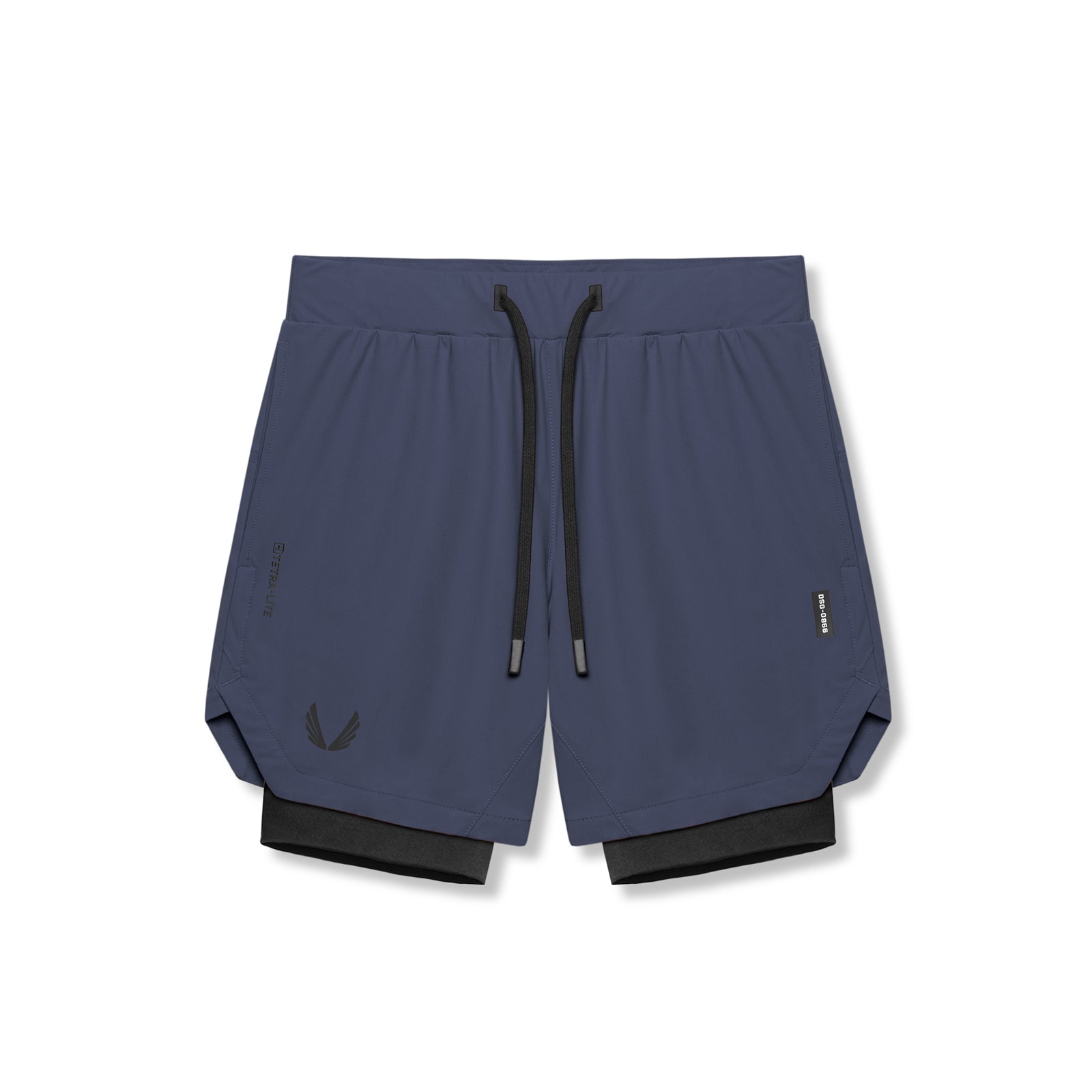 flatlay Tetra-Lite 7" Liner Short in navy and black, front view