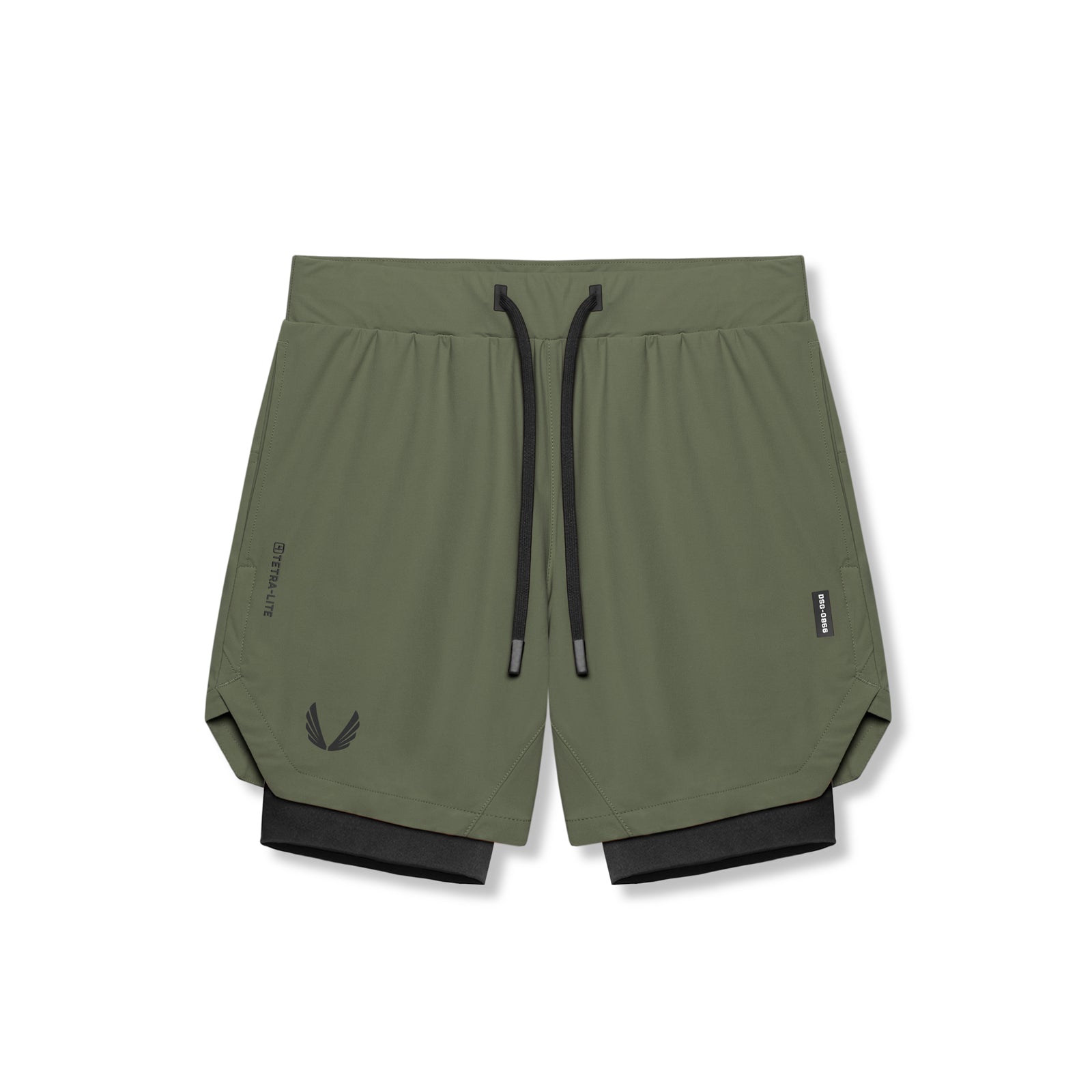 Flatlay of Tetra-Lite® 7" Liner Short in olive green and black, front view