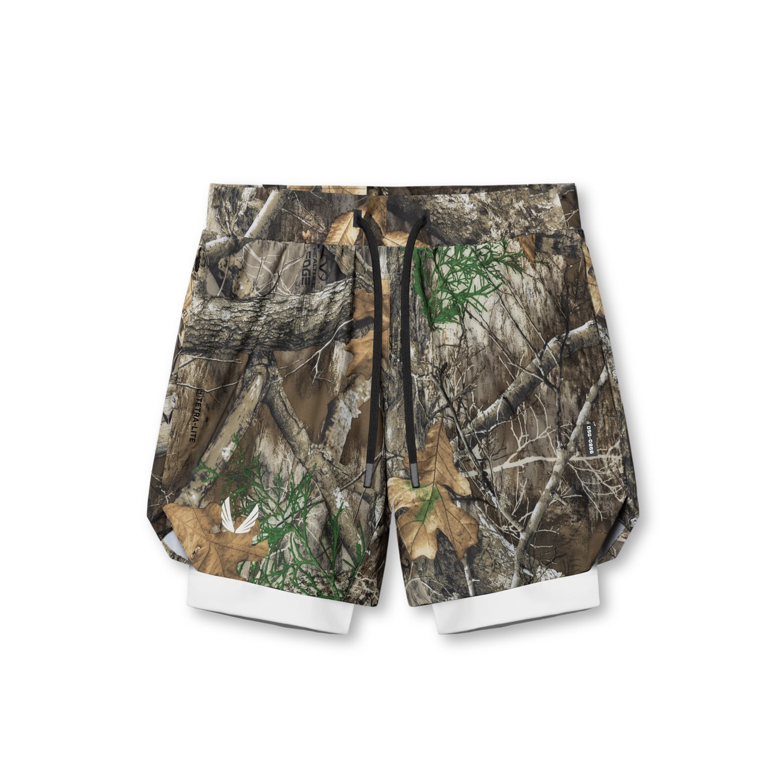flatlay Tetra-Lite 7" Liner Short in Realtree Camo with white liner, top view