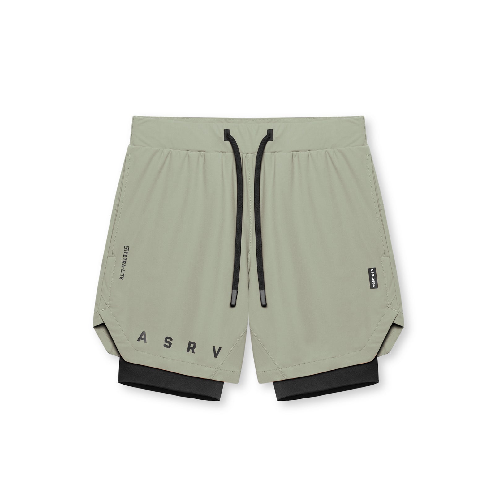 flatlay ASRV Tetra-Lite 7" Liner Shorts in sage and black, front view