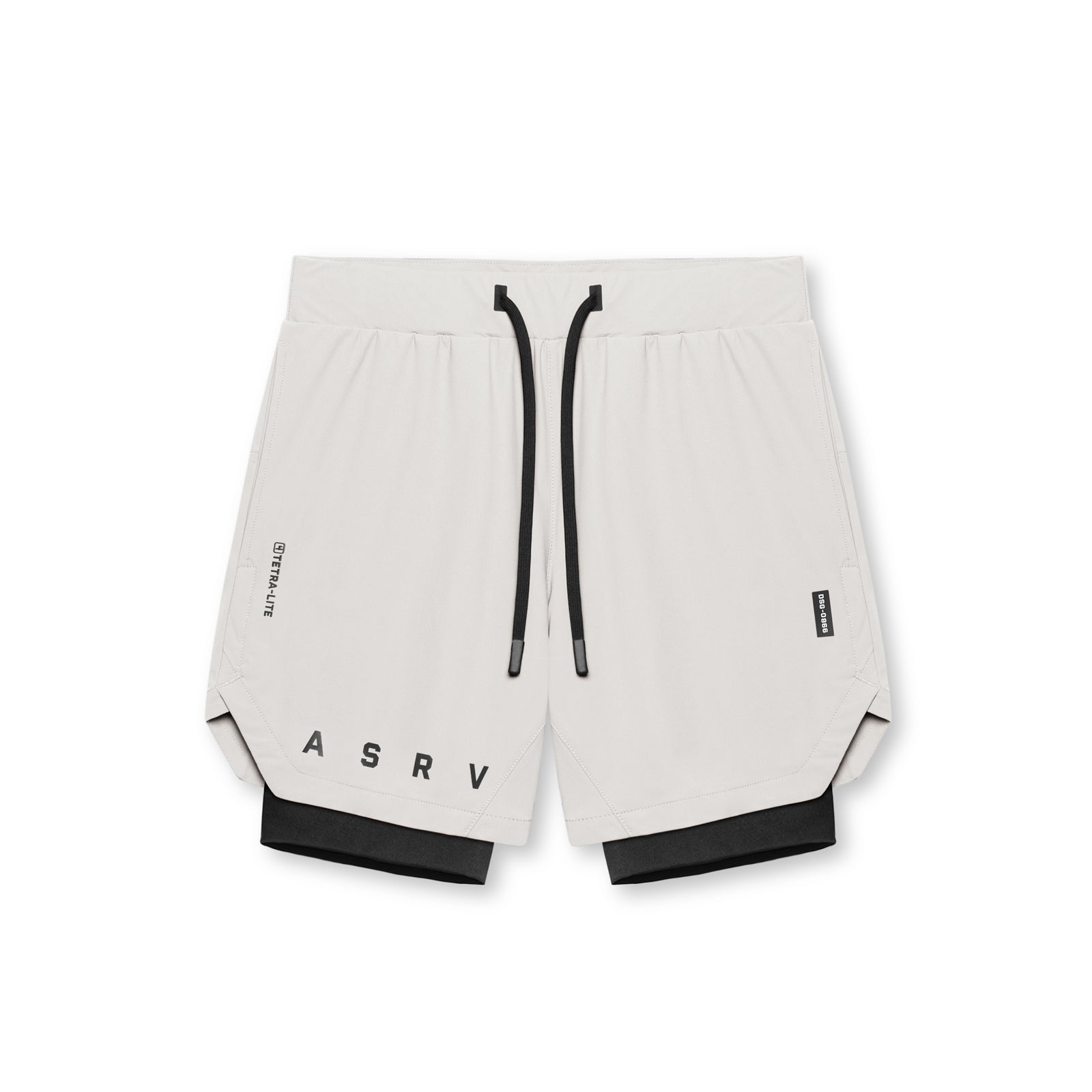 Flatlay of ASRV Tetra-Lite 7" Liner Shorts in stone and black, front view