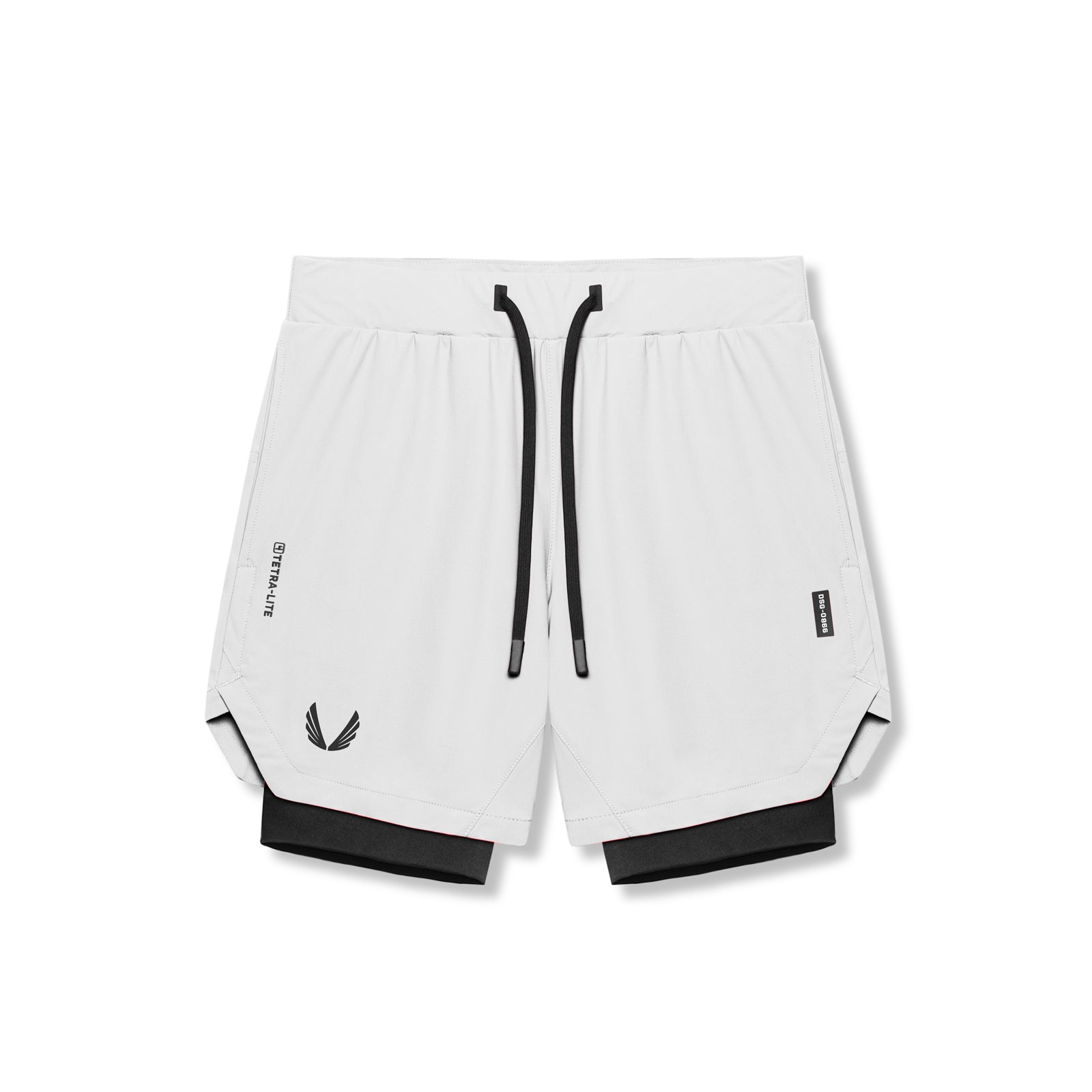 flatlay Tetra-Lite 7" liner shorts in white with black underlay, front view
