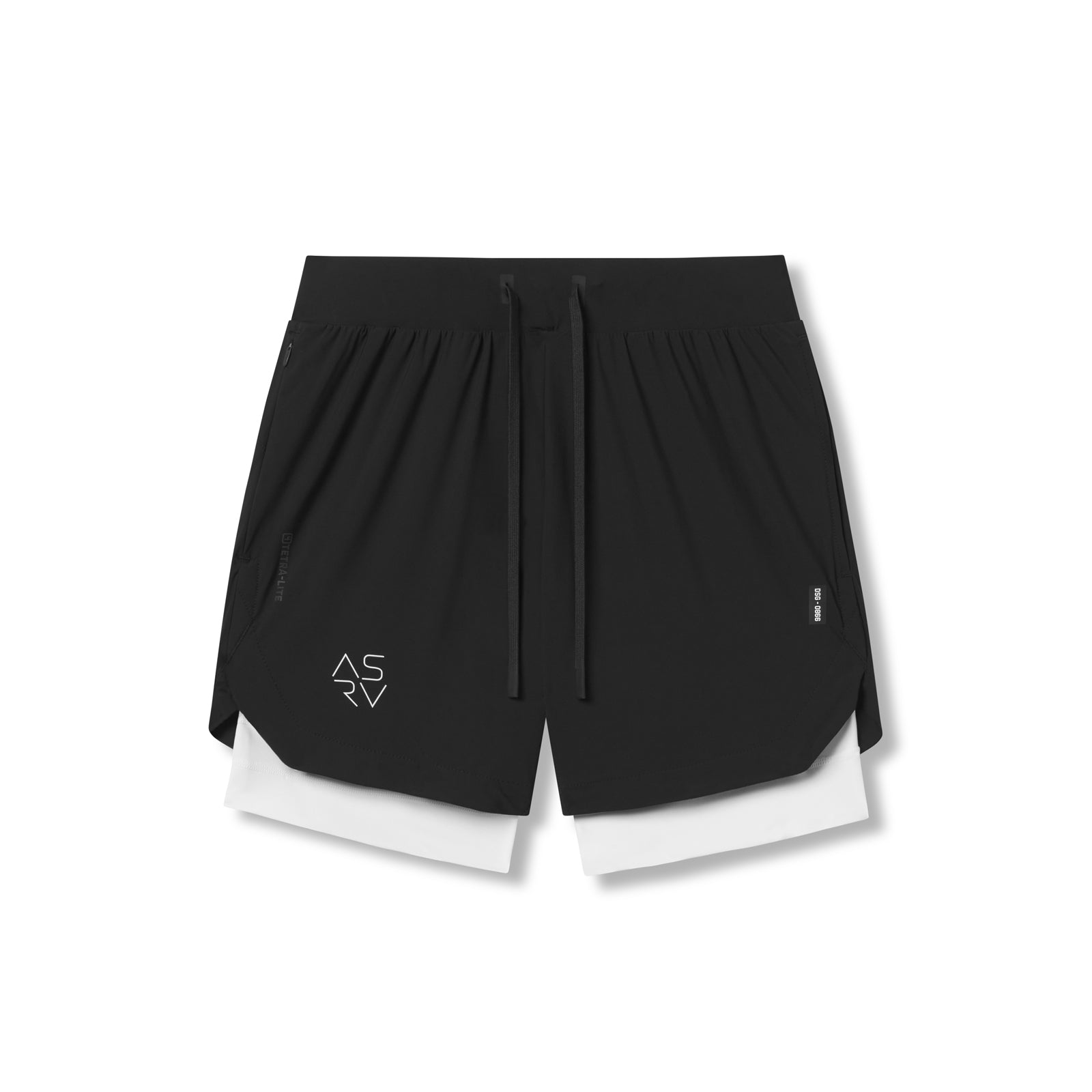 flatlay Tetra-Lite 7" Liner Shorts in black and white, front view