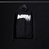 Flatlay Tech-Terry Zip Pocket Hoodie in black with white graphic design, front view