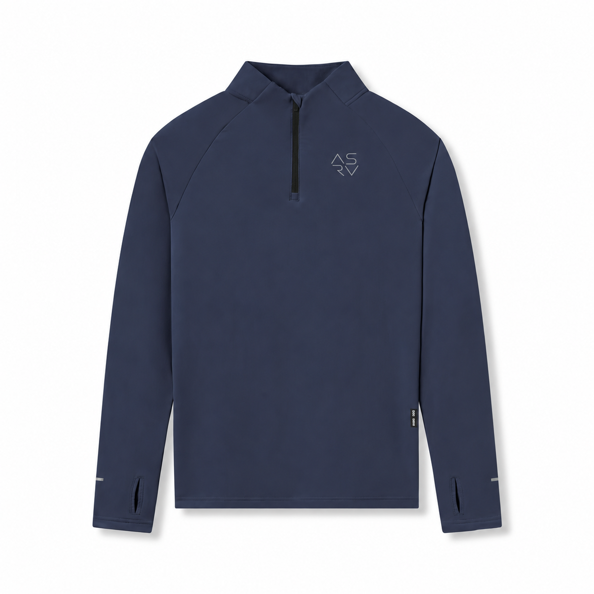 Flatlay of a navy long-sleeve quarter-zip pullover with ASRV "cyber" logo on the left chest and black zipper trim, displayed on a clean white background.