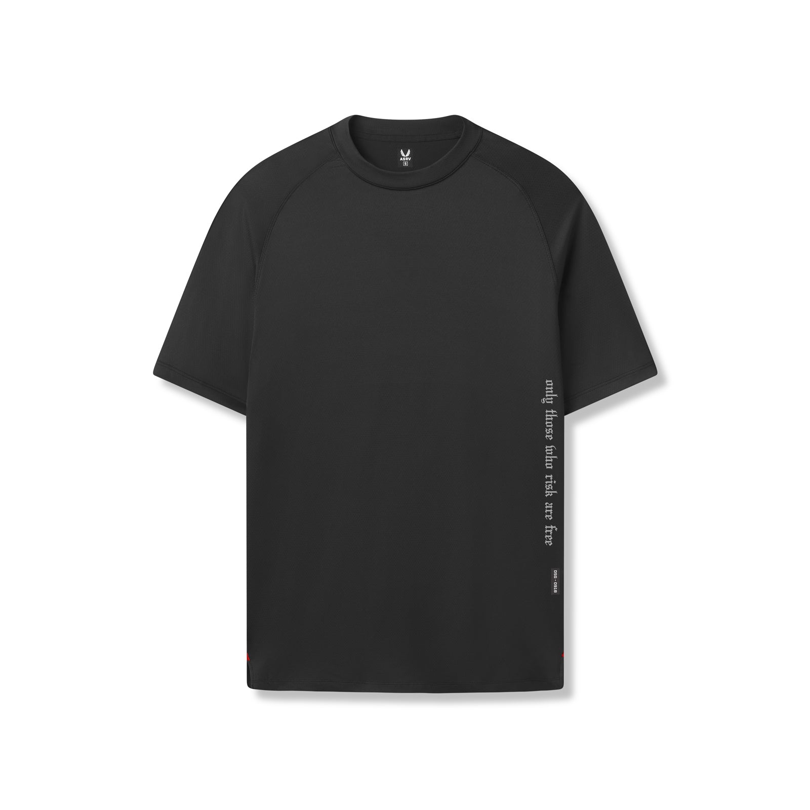 AeroSilver Fitted Tee in black with vertical text graphic, front view on model