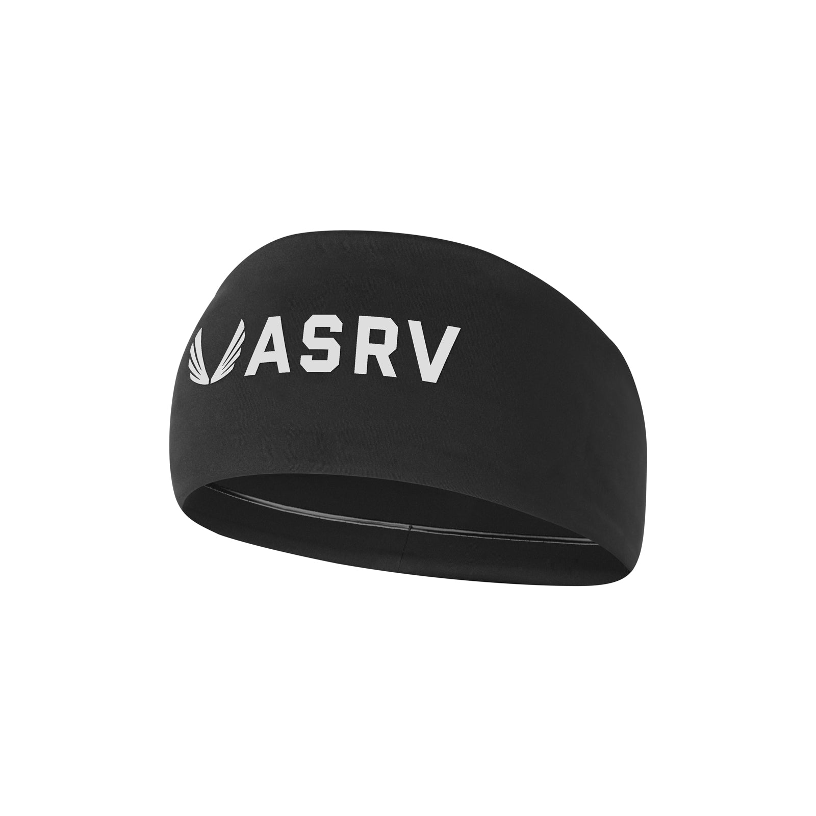 ASRV WarpFlexx Headband in black with white logo, three-quarter view