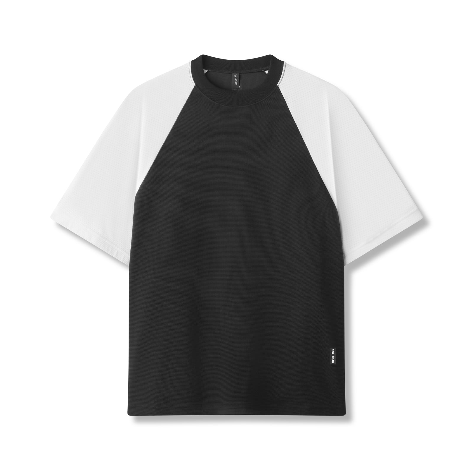 Flatlay of waffle knit oversized tee in black and white, front view