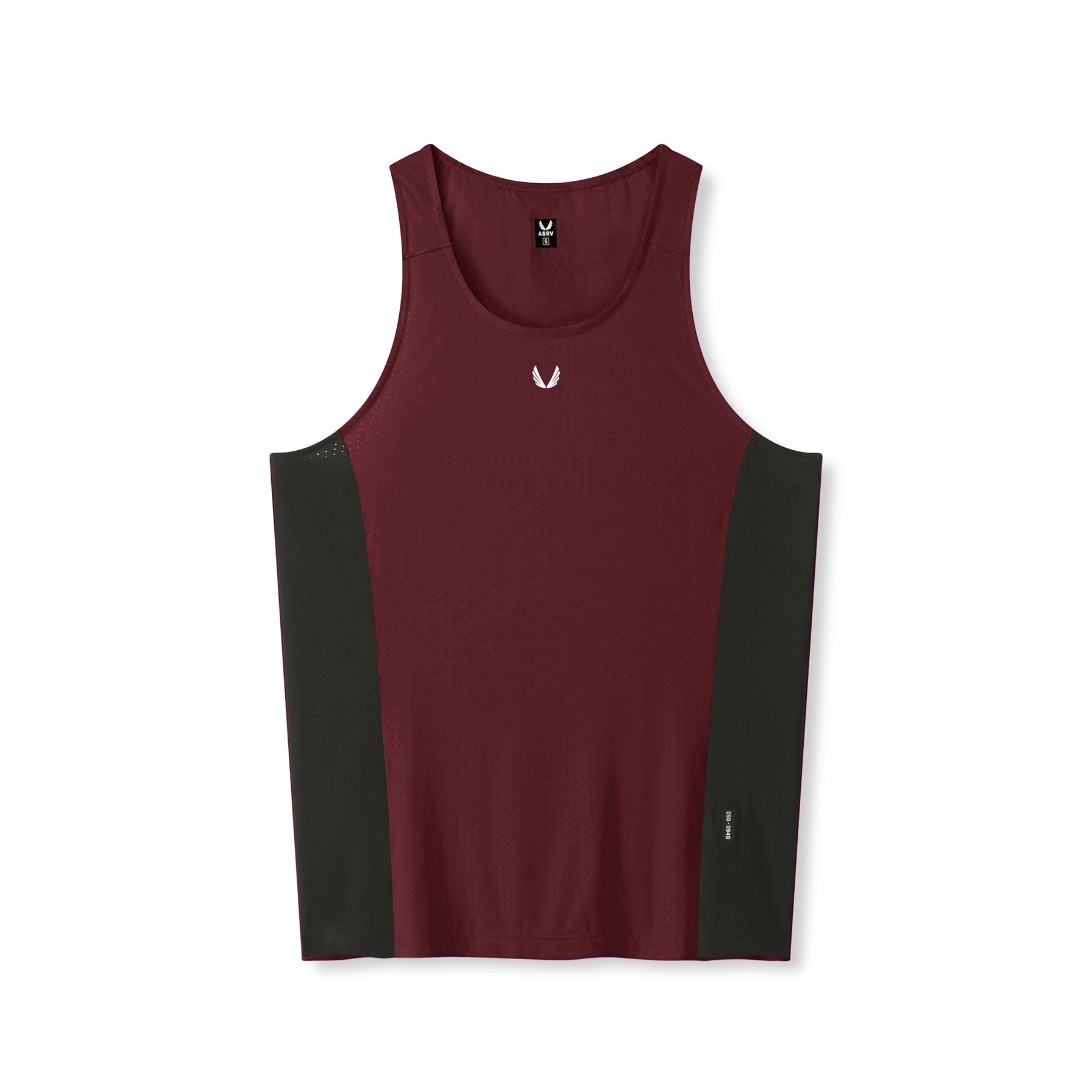 flatlay Laser-Vent Singlet Tank in crimson and black, front view