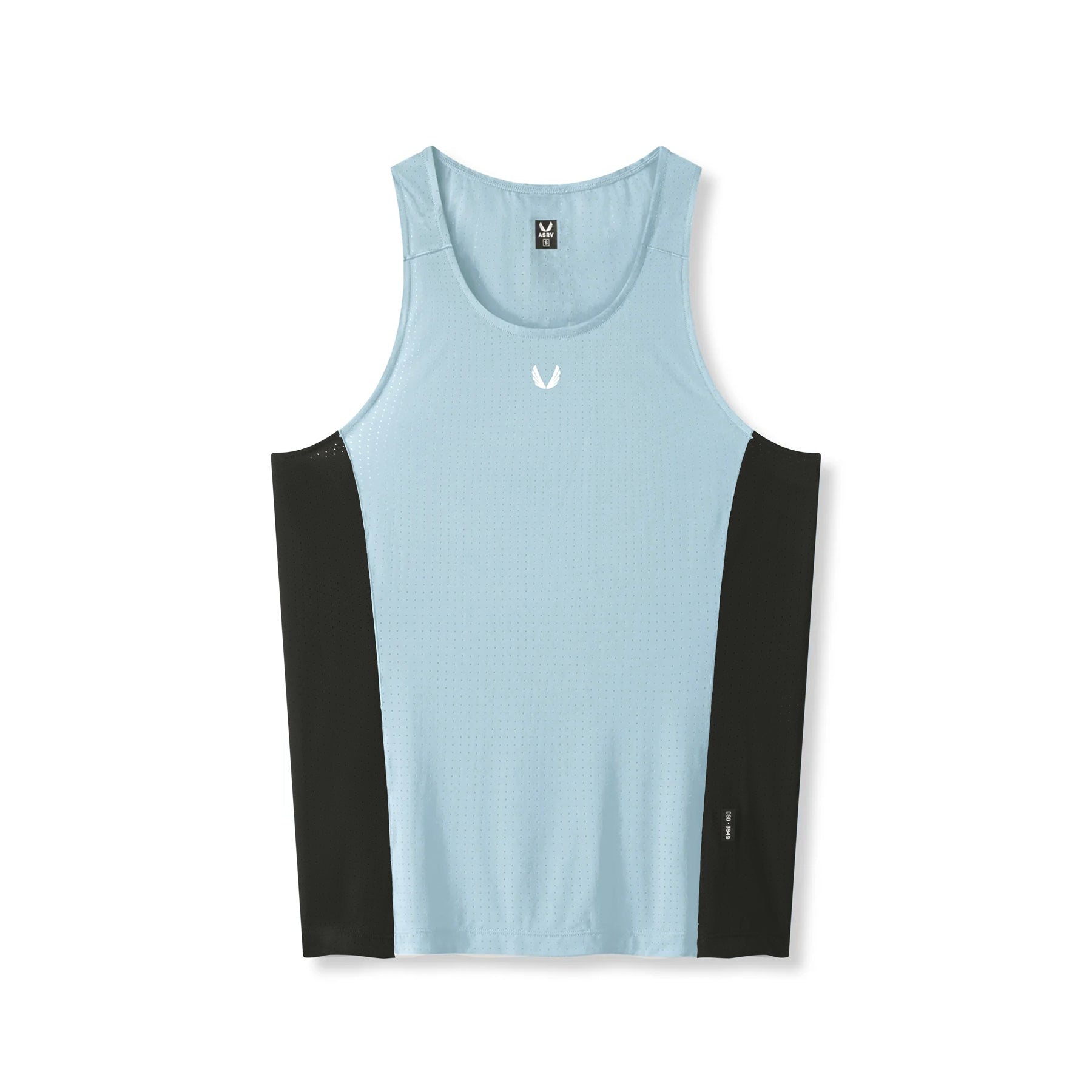 flatlay Laser-Vent Singlet Tank in light sky blue and black, front view