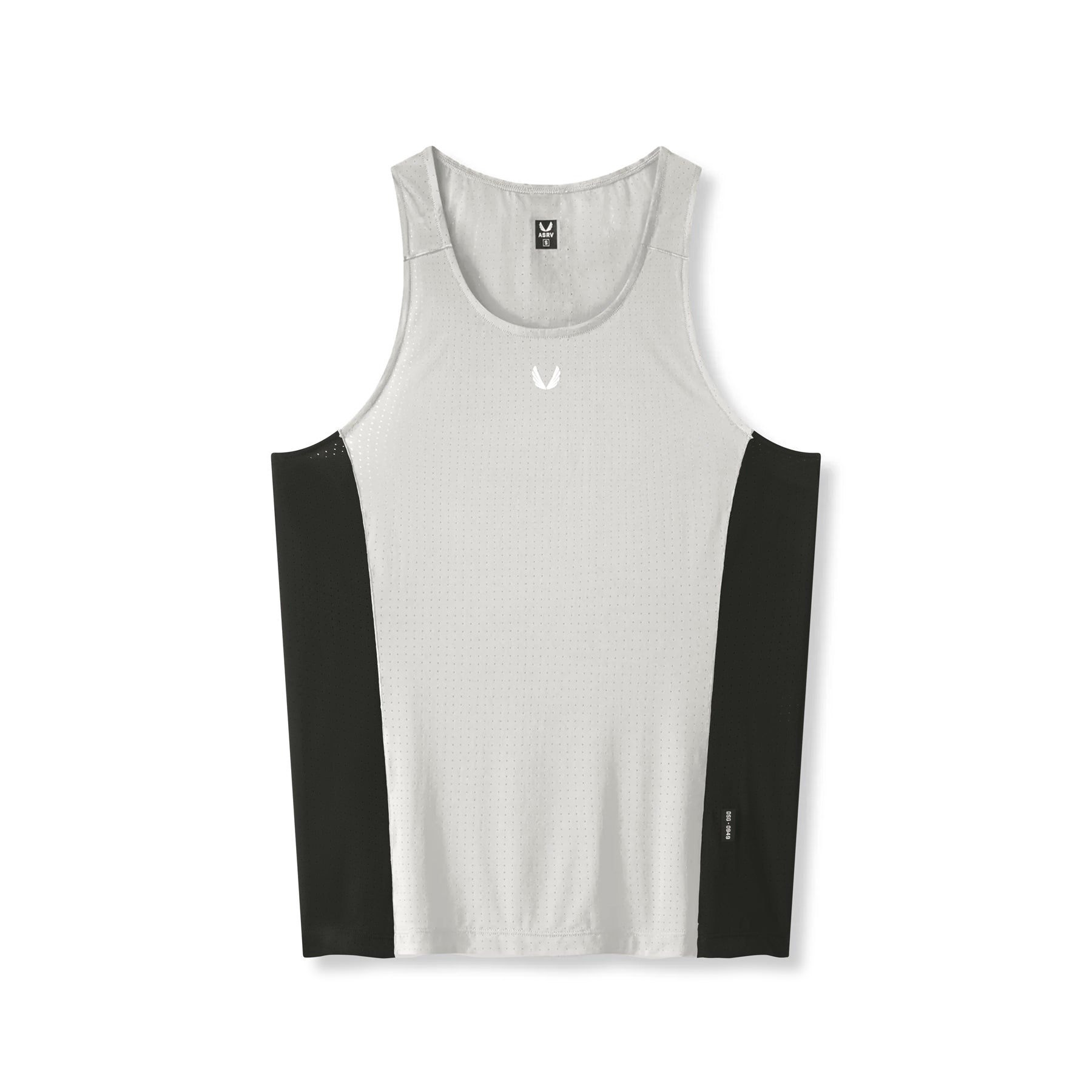 Flatlay of Laser-Vent Singlet Tank in slate grey and black, front view